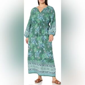 Avenue green v neck floral long sleeve drawstring tassel maxi boho dress 30/32